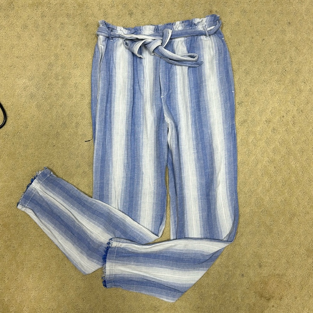 Bella Dahl Light Blue & White Striped Paperbag Waist Straight Leg Pants